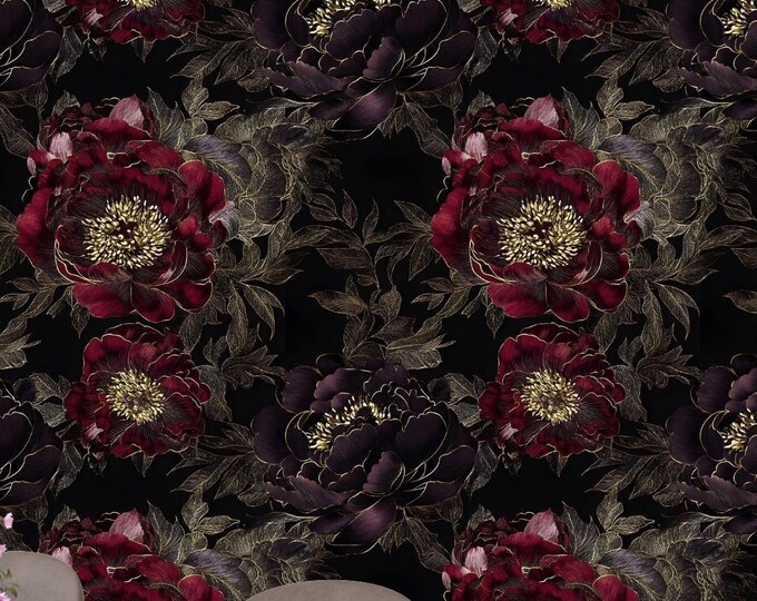 Wallpaper Luxury Black Floral Mural - Burgundy and Gold Peony Design, Peel and Stick Wall Decor for Bedroom, Living Room, and Accent Walls