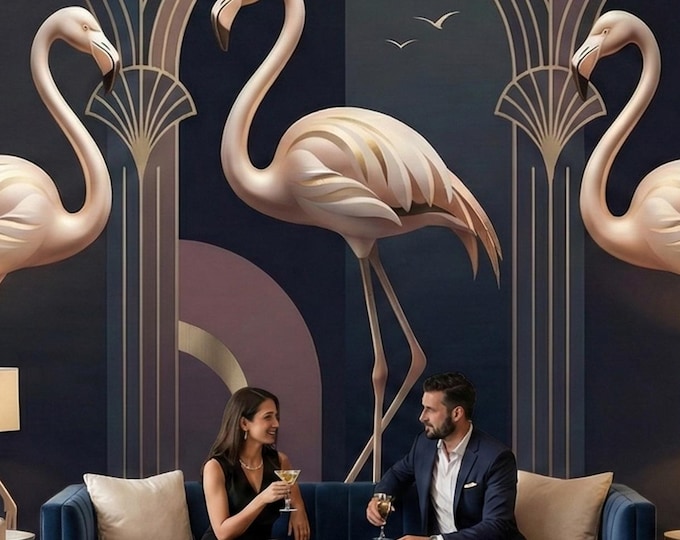 Art Deco Flamingo Peel and Stick Wallpaper - Glam Tropical Bird Statement Mural