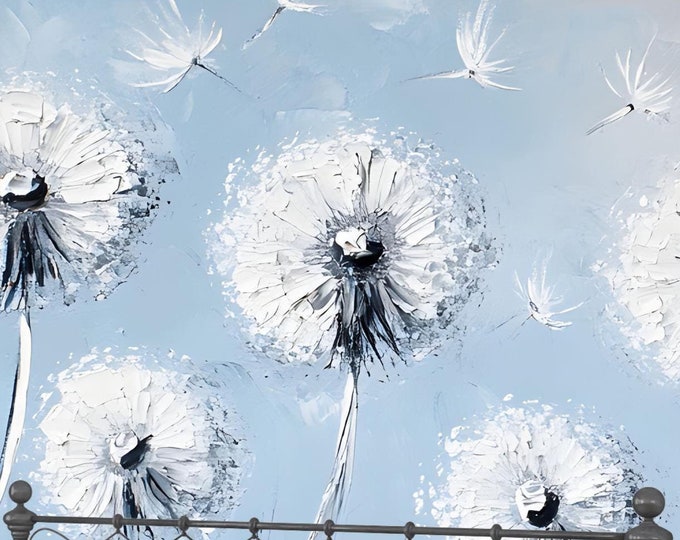 Modern Blue Abstract Dandelion Floral Wallpaper Mural, Botanical Windblown Dandelion Oil Painting Art Peel and Stick Wallpaper