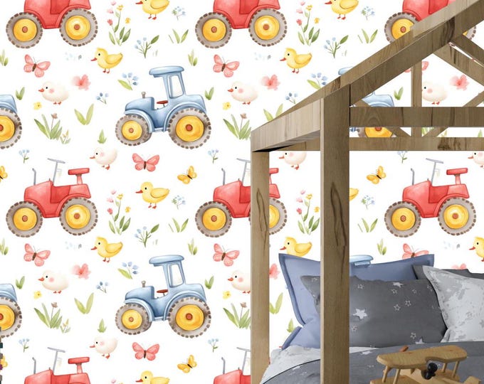 Cute Rustic Country Farmhouse Nursery Wallpaper Mural, Farm Animals and Vehicles, Peel and Stick Boys and Kids Room Decor