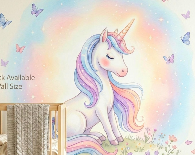 Baby Unicorn Rainbow Peel and Stick Wall Mural, Watercolor Pastel Rose Girls Nursery Wallpaper