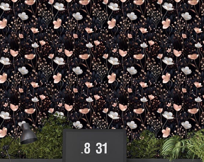 Dark Black Botanical Floral Wallpaper – Modern Peel and Stick or Traditional Wall Wallpaper, Romantic Removable Flower Wall Decor