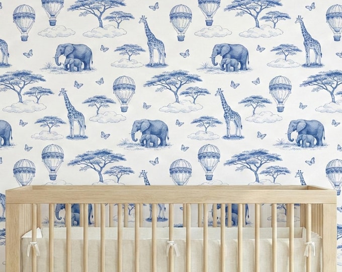 Blue Toile Safari Nursery Wallpaper, Vintage Animal Chinoiserie Peel and Stick Wall Mural