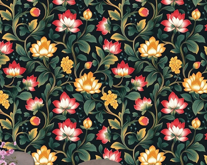 Mughal Lotus Garden Floral Peel and Stick Wallpaper - Luxurious Multicolor Botanical Pattern