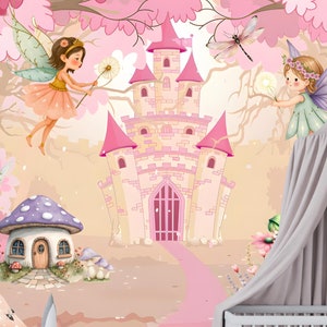 Carta da parati murale per bambini con castello nella foresta delle fiabe – Decorazione da staccare e attaccare per la cameretta delle bambine con le fate