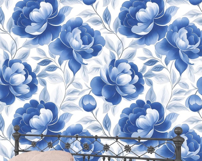 Cobalt Blue Floral Elegance Peel and Stick Wallpaper Mural – Bold and Timeless Removable Wall Decor