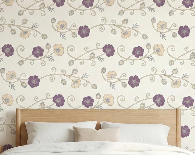 Minimal Floral Wallpaper Peel and Stick, Purple and Beige Botanical Seamless Accent Wall Decor