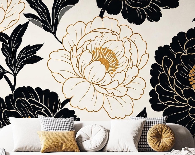 Chinoiserie Wallpaper with Peonies, Black and Gold Art Deco Floral, Peel and Stick Moody Botanical Mural, Luxury Statement Wall Decor