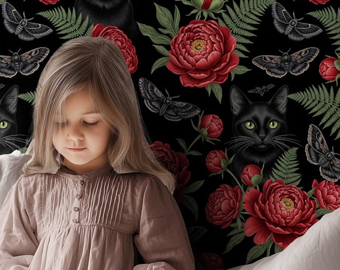 Gothic Black Cat Peel and Stick Wallpaper: Dark Academia Floral Mural