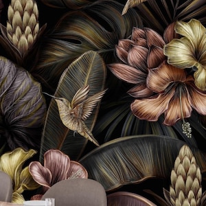 Luxuriöses dunkles tropisches Blumenvogel-Tapetenwandbild, botanisches entfernbares Schälen und Stick, exotisches Dschungel-Wanddekor