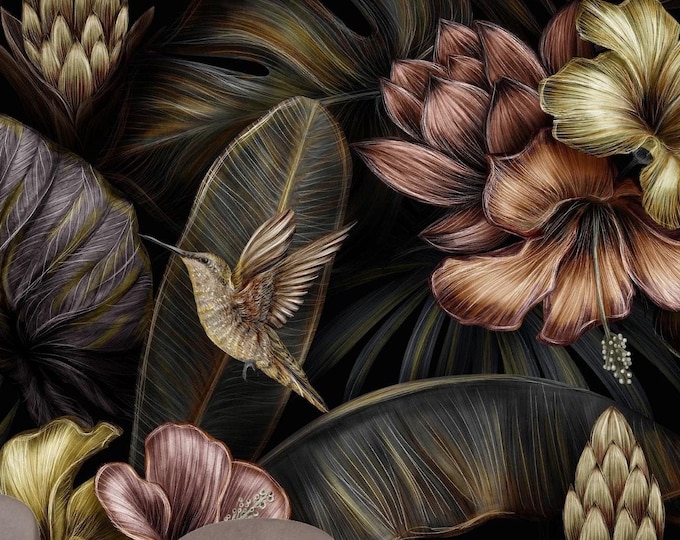 Luxury Dark Tropical Floral Bird Wallpaper Mural, Botanical Removable Peel and Stick, Exotic Jungle Wall Decor