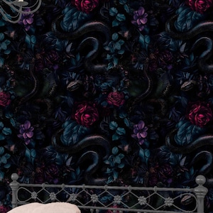 Gothic Dark Botanical Wallpaper Mural - Snake and Floral Deep Tones Design Peel and Stick Wallpaper for Moody Interiors