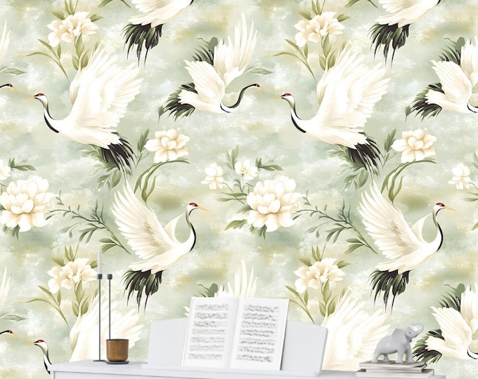 Pastel Mint Green Crane Bird and Lotus Wallpaper - Peel and Stick Soothing Floral Design
