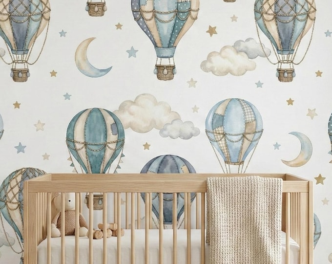 Blue Hot Air Balloon Nursery Wallpaper Peel and Stick, Baby Boy Room Wall Decor