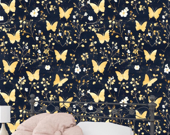 Golden Butterfly and Floral Wallpaper - Black and Gold Botanical Wall Mural for Bedrooms, Living Rooms, or Accent Walls