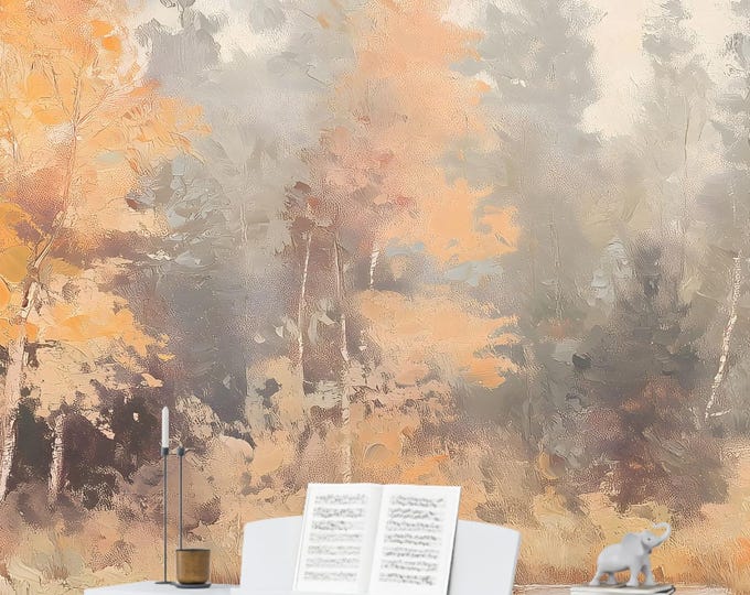 Vintage Autumn Forest Hand Painted Oil Wallpaper Mural with Warm Fall Colors for Cozy Interiors