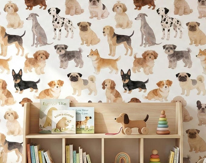 Watercolor Dog Breeds Wallpaper, Puppy Pattern Wall Decor for Nursery & Playroom, Peel Stick Removable