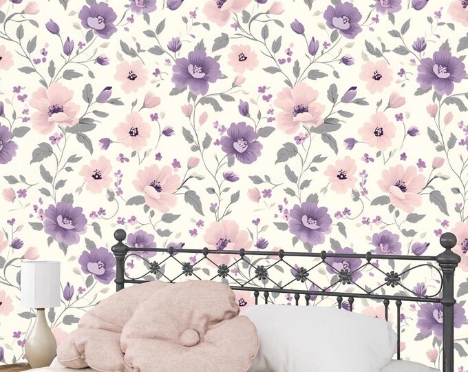 Boho Purple Pink Tiny Floral Wallpaper, Soft Pastel Wallpaper, Removable Peel and Stick Flower Pattern Wall Decor for Nursery or Living Room