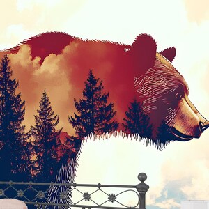 Carta da parati murale con doppia esposizione della foresta di orsi selvatici, carta da parati staccabile e adesiva con fauna selvatica di montagna per interni rustici e moderni