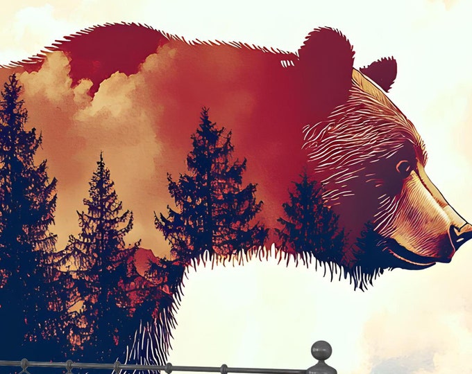 Wild Bear Double Exposure Forest Wallpaper Mural, Mountain Wildlife Peel and Stick Wallpaper for Rustic & Modern Interiors