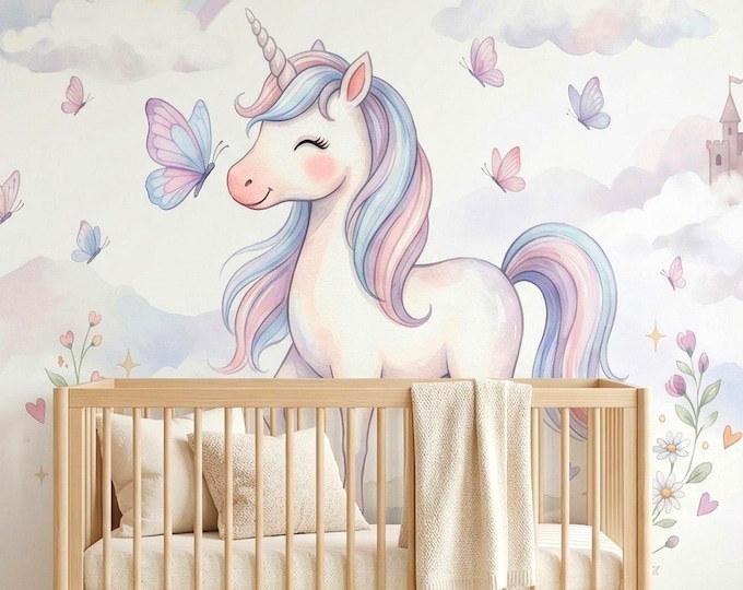 Unicorn Rainbow Rose Peel and Stick Wall Mural, Watercolor Pastel Floral Girls Nursery Wallpaper