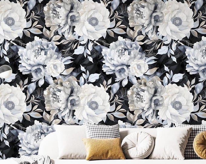 Luxury Dark Floral Wallpaper – Black and White Botanical Peel and Stick or Paste Wall Mural | Modern Wall Decor for Bedroom & Living Room