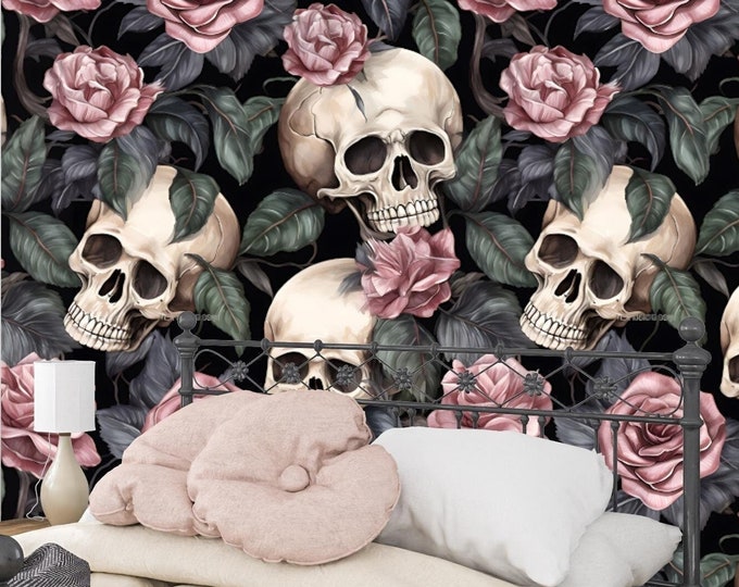 Vintage Dark Gothic Floral Wallpaper Mural, Skull and Roses Self Adhesive Vinyl or Non Woven Paper, Peel and Stick Decor for Gothic Room