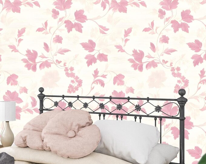 Vintage Botanical Pink Floral Wallpaper Mural - Rose Design for Bedrooms, Living Rooms, and Nurseries - Adhesive or Prepasted  Accent Wall