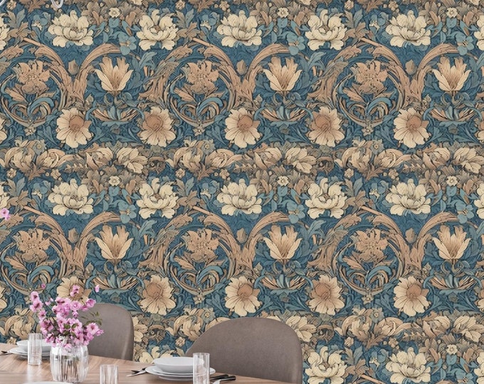 Vintage Art Deco Botanical Wallpaper Mural Decal - Blue and Gold Floral Peel and Stick or Traditional Wall Covering for Elegant Home Décor