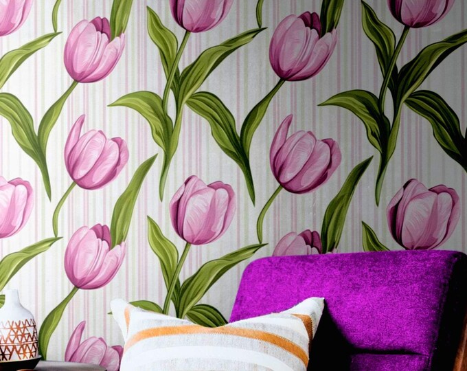 Retro Pink Tulip Floral Wallpaper Peel and Stick or Traditional Wall Mural, Removable Vintage Botanical Stripe Flower Wallpaper