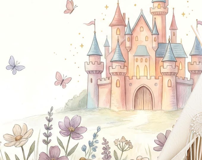 Watercolor Fairytale Castle Wallpaper Mural - Magical Princess Nursery Wall Decor