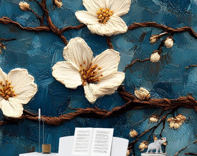 Luxury Almond 3D Floral Blossom Blue Wallpaper for Modern Interiors - Peel and Stick Wall Décor for Stylish Home Makeover