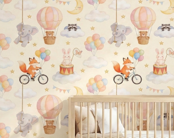 Whimsical Circus Nursery Wallpaper Peel and Stick, Woodland Animal Hot Air Balloon Seamless Pattern