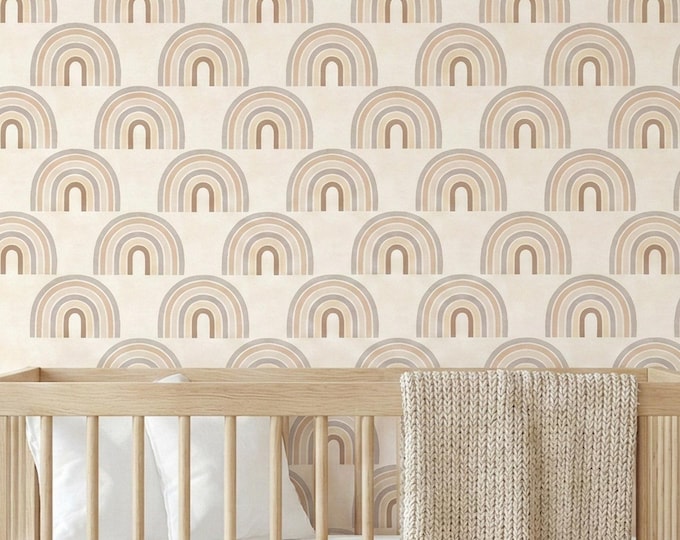 Neutral Boho Rainbow Nursery Wallpaper Peel and Stick, Seamless Beige Kids Room Decor