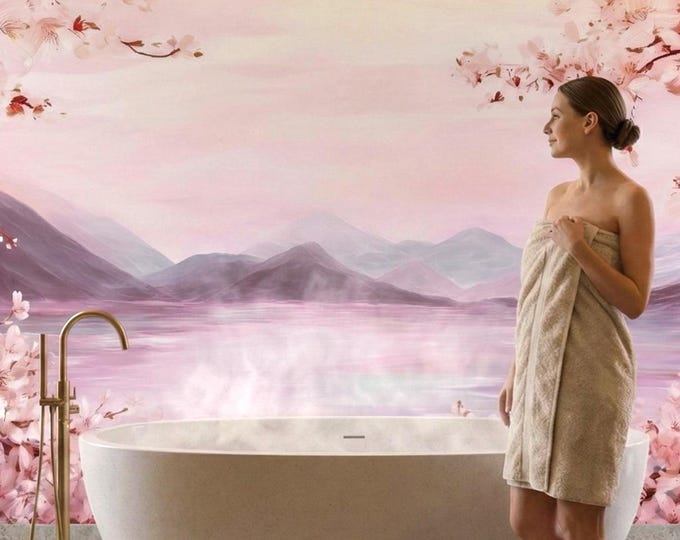 Sakura Landscape Peel and Stick Wallpaper – Pastel Japan Scene with Cherry Blossom Mural