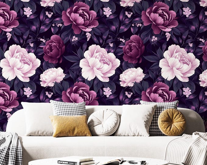 Dark Floral Wallpaper Mural, Burgundy & White Peony Peel and Stick, Moody Maximalist Accent Wall, Purple Gothic Romance Wall Decor