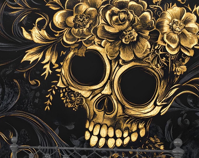 Luxury Dark Gothic Baroque Gold Skull Floral Wallpaper Mural for Bold Interior Design, Removable Peel and Stick Wallpaper