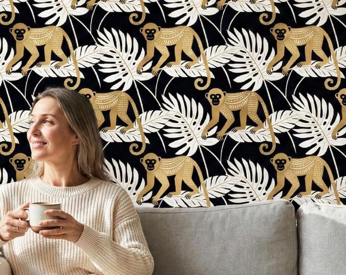 Luxury Jungle Monkey Wallpaper Mural, Living Room Statement Wall, Peel and Stick Removable