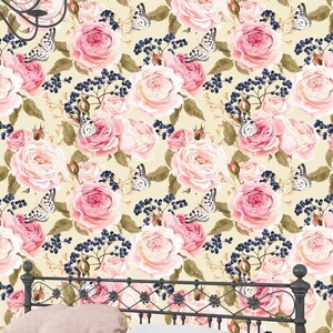 Carta da parati floreale rosa vintage, rose shabby chic con farfalle, carta da parati staccabile e adesiva Cottagecore