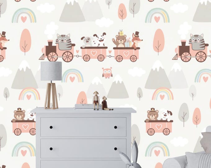 Woodland Animal Train Nursery Wallpaper - Pastel Scandinavian Kids Wall Decal - Removable Peel and Stick
