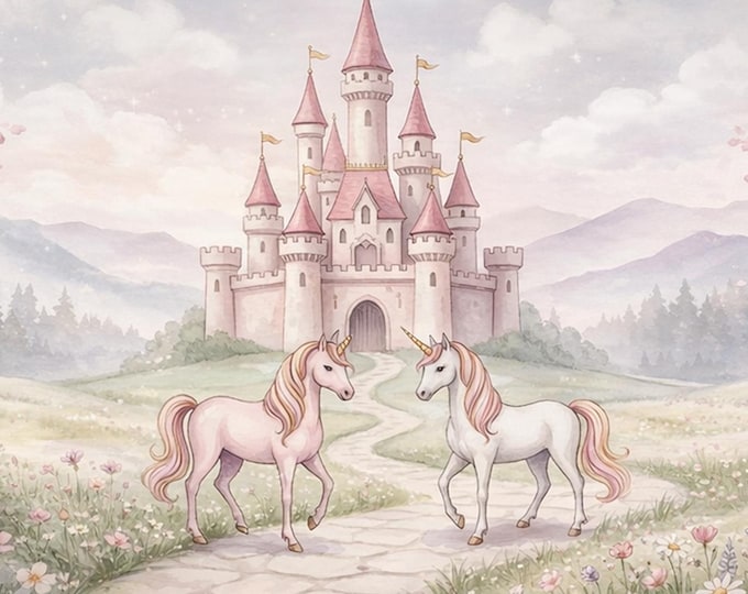 Unicorn Princess Castle Peel & Stick Wallpaper, Watercolor Pink Cherry Blossom Mural