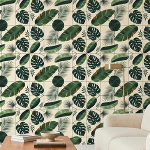 Tropisk monsterabladsplatte akvarell tapet, grön palm, självhäftande tapet