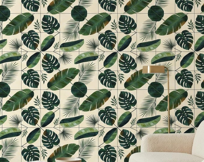 Tropical Monstera Leaf Tile Watercolor Wallpaper, Green Palm Peel and Stick
