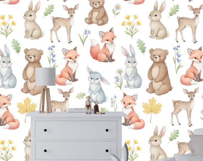 Woodland Animals Nursery Wallpaper: Forest Fox, Bunny, Deer Mural