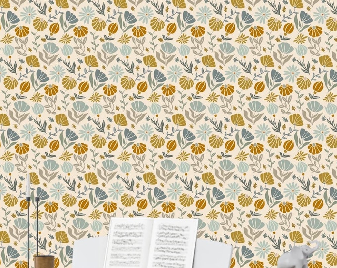 Retro Groovy Botanical Floral Wallpaper – Warm Earth Tones Peel and Stick or Paste Wall Mural | Boho Wall Decor for Living Room & Bedroom