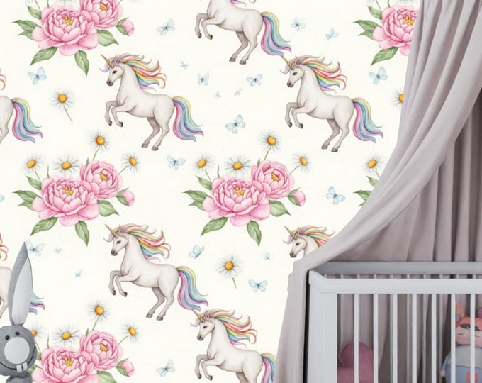 Peony Unicorn Floral Wallpaper Mural: Whimsical Nursery Wall Decor