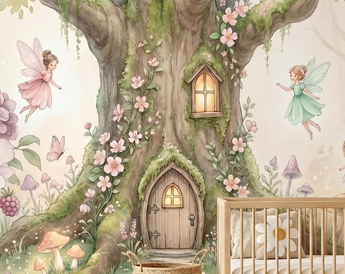 Fairy Tree House Wall Mural: Watercolor Floral Peel and Stick Wallpaper for Girls Nursery