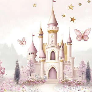 Märchenschloss Tapete Wandbild mit Rosa Prinzessin Schloss Verzauberte Garten, Abziehen und aufkleben Leinwand, Vinyl oder Vlies Vorgeklebtes Papier