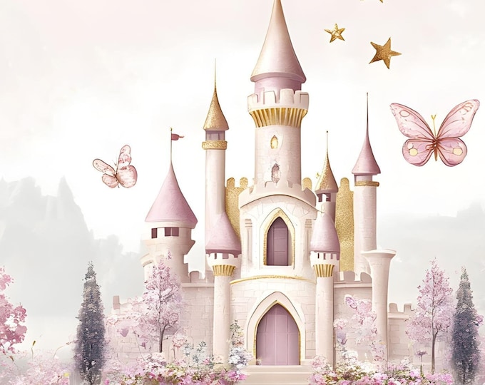 Fairy Tale Castle Wallpaper Mural with Pink Princess Castle Enchanted Garden,  Peel and Stick Canvas, Vinyl or Non Woven Prepasted Paper