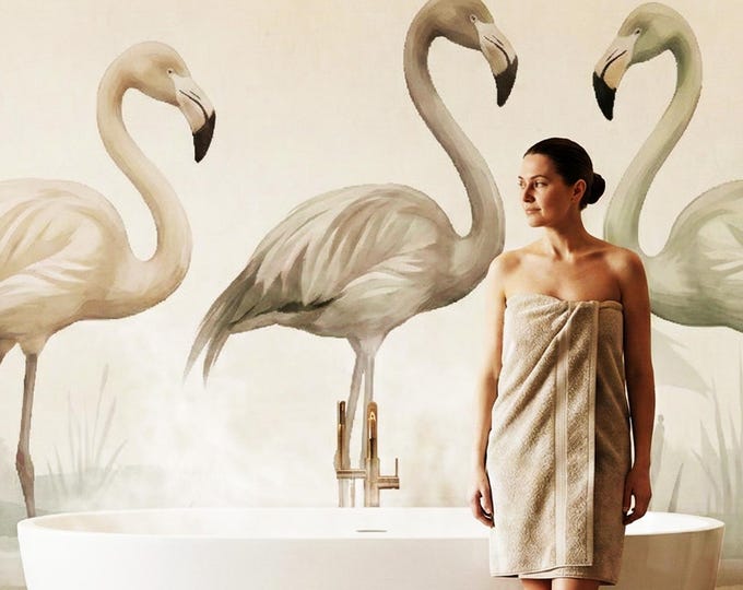 Flamingo Bird Peel and Stick Wallpaper – Pastel Watercolor Wetland Mural